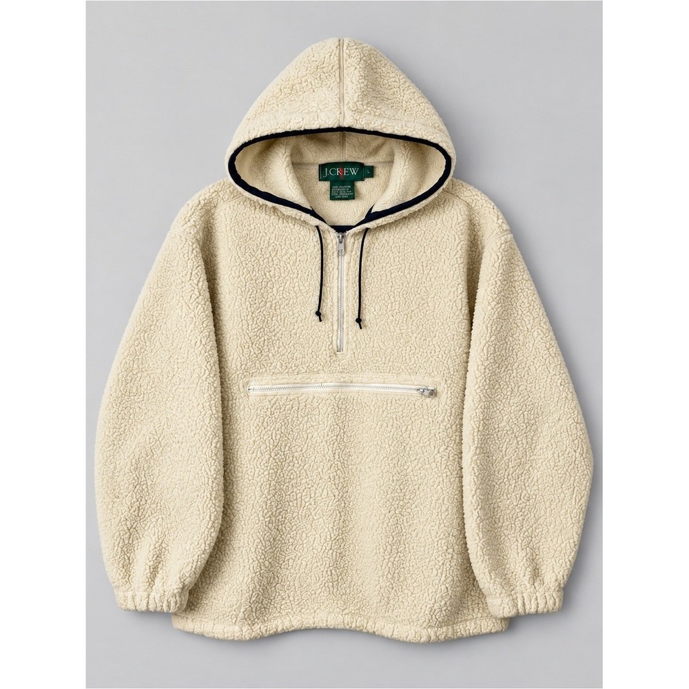 Vintage 90s J Crew Mens Sherpa Fleece Hooded Half Zip Anorak Jacket Large Cream
